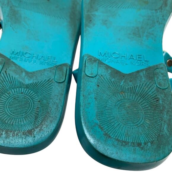 Michael Kors Teal Blue Gold Logo Thongs Sandals Flip Flops Shoes Flats sz 6 - Picture 13 of 16